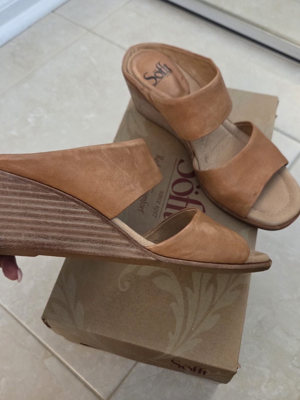 Sofft Tan Leather Wedge Slide Sandals